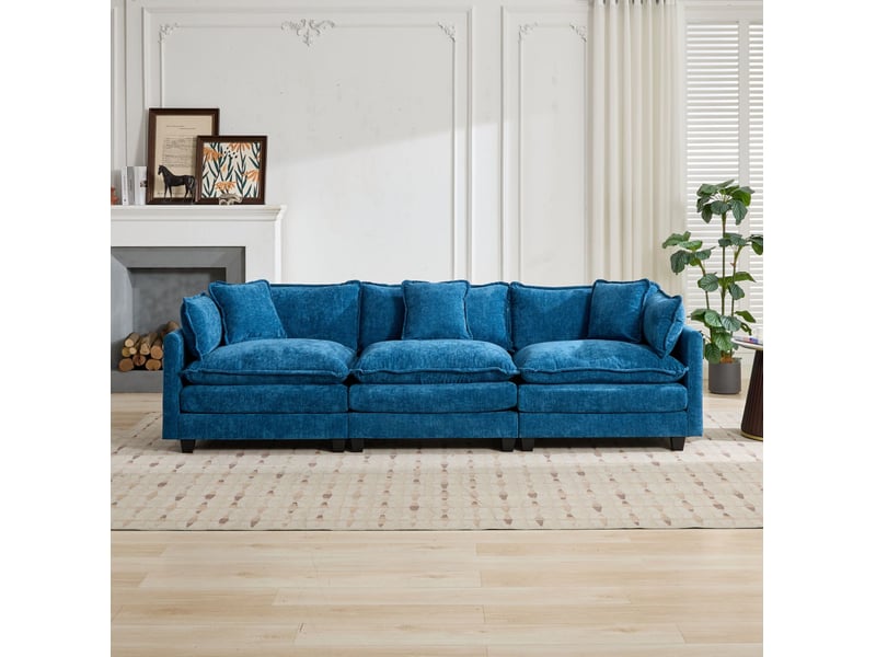  Canapé modulable 3 places bleu chenille confortable salon chambre installation rapide homvra  - Conforama B