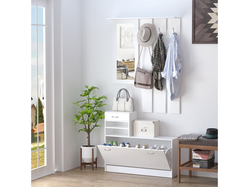 Ensembles 3 en 1 de meuble d'entrée vestiaire avec panneau porte-manteau, blanc, miroir et banc à chaussures - 6 crochets et étagère réglable - Conforama W