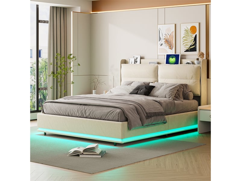  Lit 160x200cm - lit coffre 160x200cm - tête de lit de rangement, chargeur sans fil et led autour du lit - velours beige  - Conforama D
