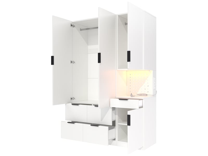 Armoire de chambre blanche 135x50x200 cm avec éclairage led, prise intégrée, 4 portes et 5 tiroirs en mdf  - Conforama R