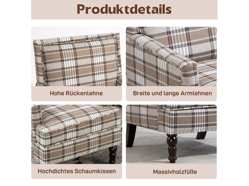  Fauteuil d'appoint 69x69x89 cm, dossier rayé, confort, structure bois, pour salon, coton et lin, couleur marron, blanc  - Conforama E