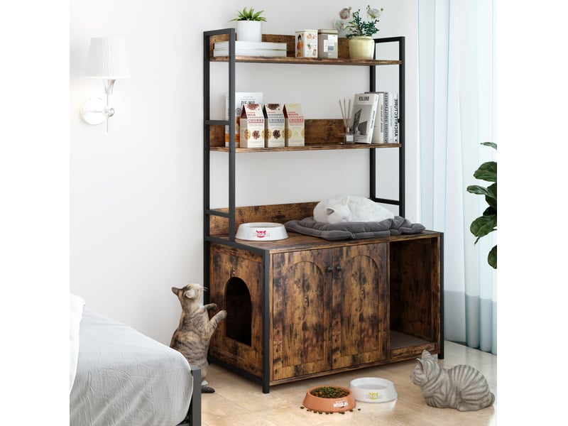 Meuble cache-litière avec étagères 89,5 x 45 x 132 cm – marron – rangement 3 niveaux, portes magnétiques - Conforama D