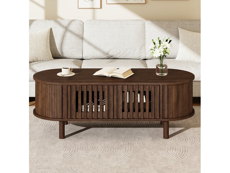 Table basse ovale 100x40x38 cm – noyer foncé – rangement avec 2 portes à lamelles et porte coulissante - Conforama B