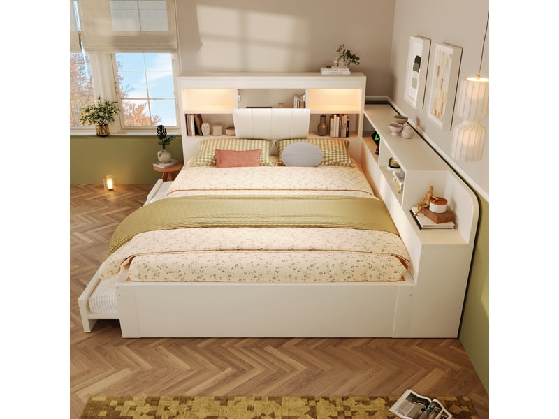  Lit banquette gigogne 140x190cm avec sommier à lattes, liseuses, ports usb, tête de lit en pu et étagères, cadre en bois, sans matelas, blanc evarich - Conforama E