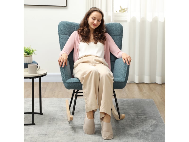  Fauteuil à bascule 71x98x101cm – avec assise rembourrée et pieds patins en bois – polyester - bleu  - Conforama D