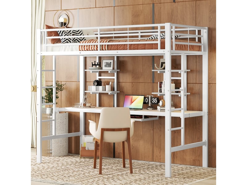  Lit mezzanine 90*200 cm, blanc, structure métal, bureau, deux étagères, sécurité enfant solide, pour chambre  - Conforama E