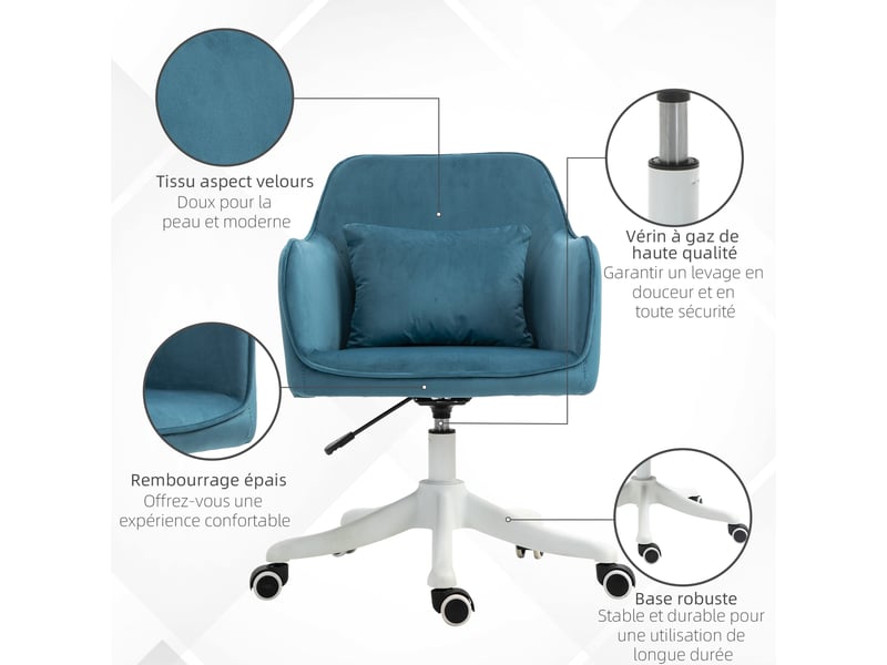 Chaise de bureau massante en velours bleu, ergonomique, pivotante 360° et hauteur réglable - Conforama W