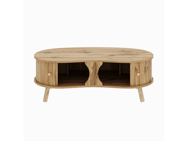 Table basse 108x50x37 cm avec 2 portes coulissantes, pieds bois, meuble de salon, rangement, mdf, couleur naturel  - Conforama R