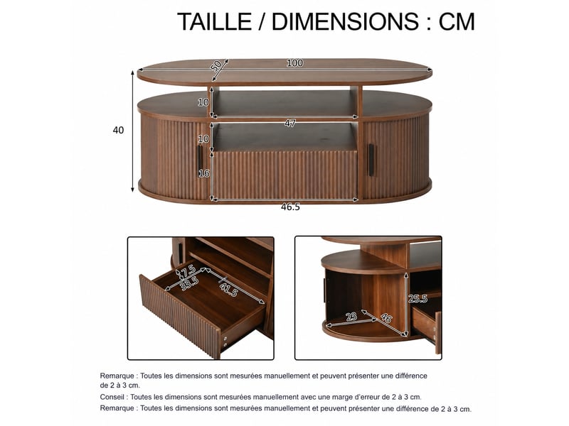  Table basse ovale 100x50 cm, bois foncé, avec tiroir push-to-open et portes à rideau, table basse style rétro.  - Conforama C