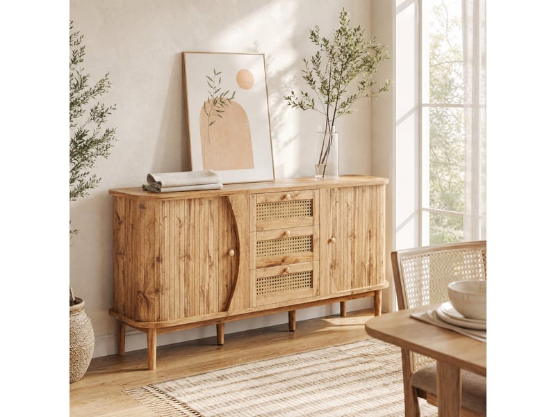  Buffet bas 2 portes coulissantes et 3 tiroirs en rotin coloris naturel 140,5 x 40 x 76 cm  - Conforama D