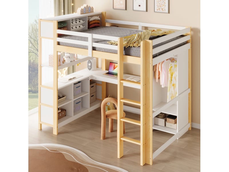  Lit mezzanine 140x200 cm avec bureau, étagères et armoire, blanc et naturel  - Conforama E