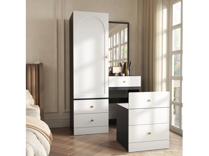  Armoire coiffeuse modenvie avec miroir plein pied, tabouret escamotable, 90 x 50,5 x 160 cm, mdf noir et blanc  - Conforama D