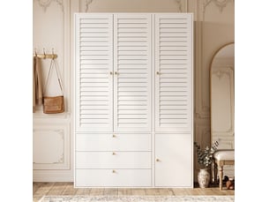 Armoire blanche 3 portes à lamelles, 3 tiroirs, 2 tringles et porte-pantalons, 135 × 50 × 200 cm pour chambre