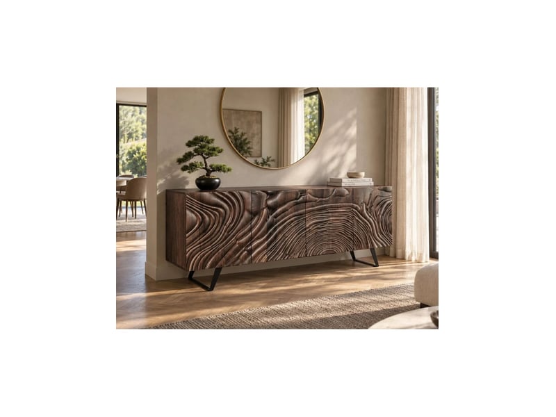 Buffet gaïa 177 cm en bois massif de manguier foncé – 4 portes – façades sculptées – marron et noir - Conforama B