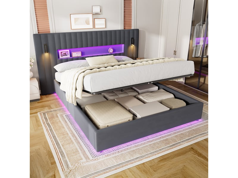  Lit double 180x200 cm, lit coffre avec liseuse, port usb, gris, sans matelas  - Conforama W
