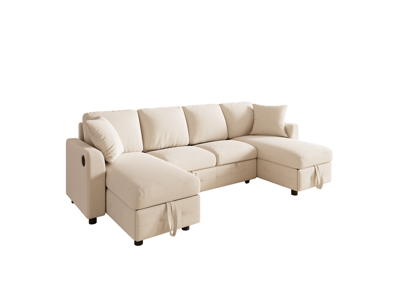  Canapé panoramique beige en chenille, 260 × 128 × 82 cm, avec couchage, pour salon et charge max. 150 kg  - Conforama A