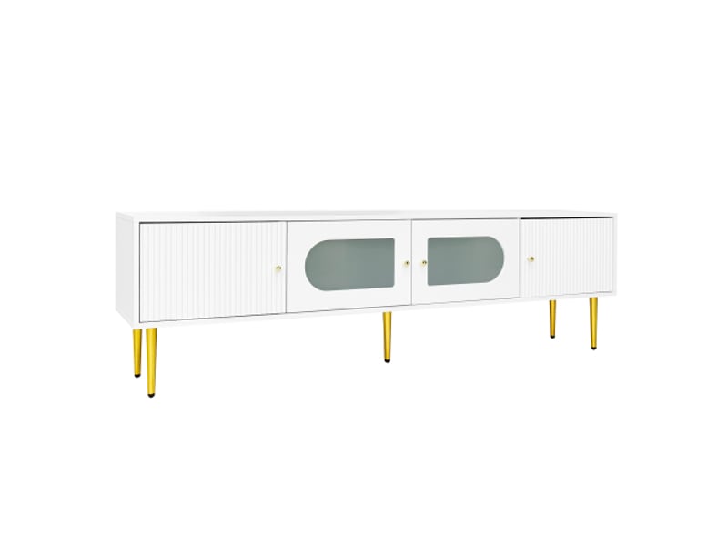  Meuble tv blanc 170x35x50 cm, pieds et poignées dorés, 4 portes (2 rainurées, 2 en verre incurvé), 35 kg  - Conforama A