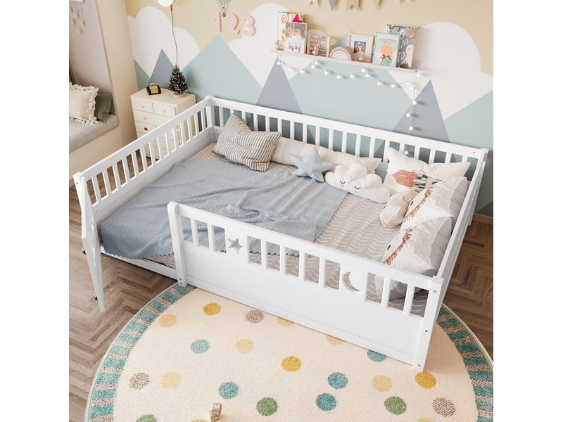  Lit enfant 140x190 cm barrières verrouillables serrure sécurité motifs étoile lune pin blanc sans matelas  - Conforama D