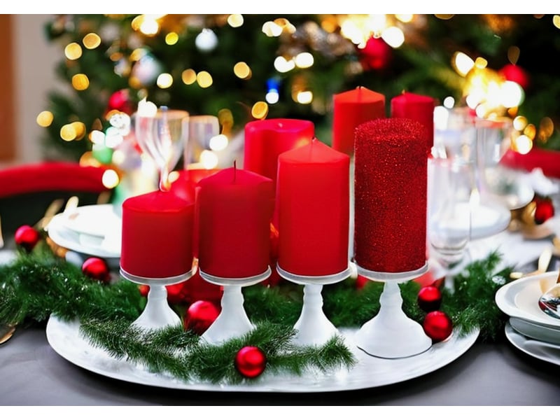  Lot de 4 bougies piliers, pour couronne de l'avent, bougies de table, rouge avent et paillettes rouges, graduées de 5 x 5 x 5 cm à 5 x 9 cm (l x l x h)  - Conforama C