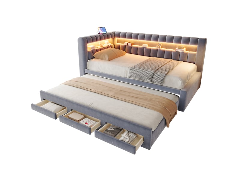 Lit gigogne 90x190 cm, lit jeune avec led, usb et rangement en métal et mdf couleur gris, design moderne - Conforama A