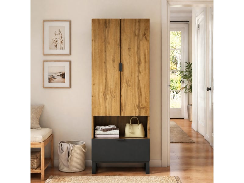  Armoire d'entrée avec 1 tiroir, 3 étagères, niche ouverte et tringle, en bois naturel et noir  - Conforama E