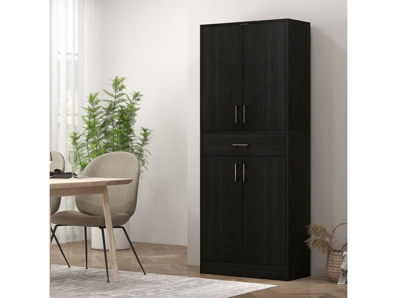  Buffet haut armoire de cuisine 4 portes 2 placards et 1 tiroir central hauteur 180 cm avec 2 réglables étagères noir  - Conforama D