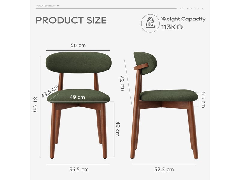  Lot 2 chaises de salle à manger, chaises rembourrées avec revêtement en tissu, coussin en mousse haute densité, cadre en bois massif, chaises d’appoint de cuisine et de salle à manger, vert  - Conforama C
