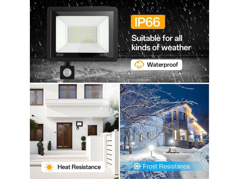  Projecteur extérieur led detecteur de mouvement 50w, 5000lm spot led extérieur ip66 étanche projecteur blanc froid 6500k, eclairage pour jardin cour, noir  - Conforama E
