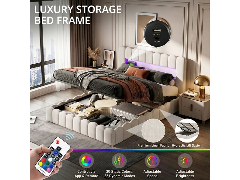 Dreammespace lit coffre 140x200 cm - lit double avec rangement hydraulique, niche de tête de lit & led rgb, tissu lin beige DreamMespace - Conforama D