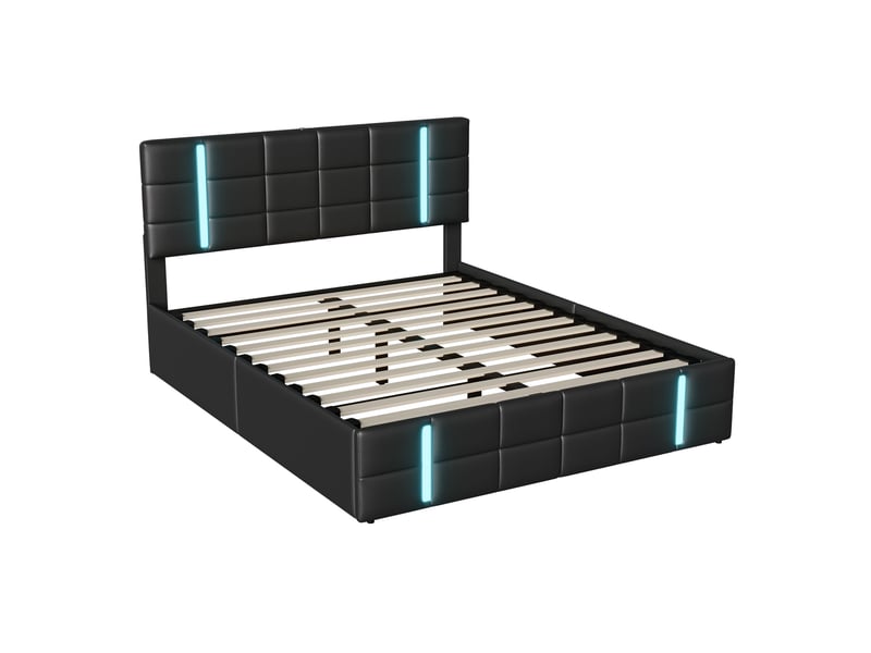  Lit coffre 2 places 140x200 cm, lit adulte avec rangement, tête de lit, ports usb, led, design simple, pu noir  - Conforama A