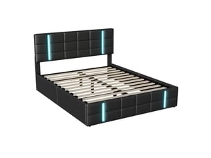 Lit coffre 2 places 140x200 cm, lit adulte avec rangement, tête de lit, ports usb, led, design simple, pu noir