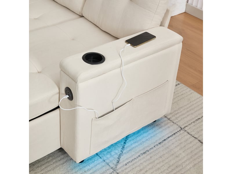  Canapé d'angle convertible 3 places beige en tissu avec coffre de rangement intégré et pieds en bois massif  - Conforama R