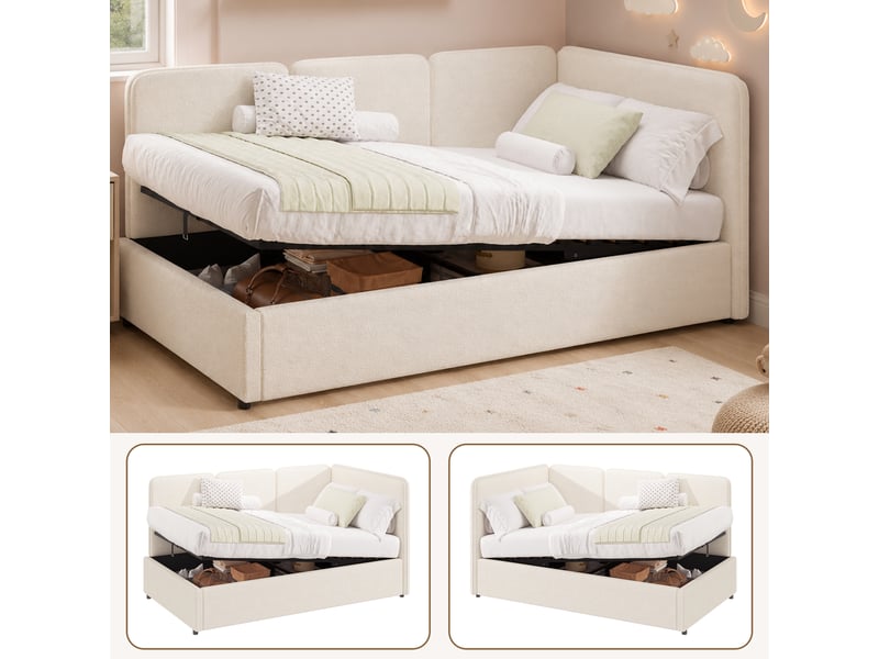  Lit enfant lit simple 90x200 cm avec coffre hydraulique, banquette lit réversible, tissu bouclé, beige OPULERANE TRADING LTD - Conforama D