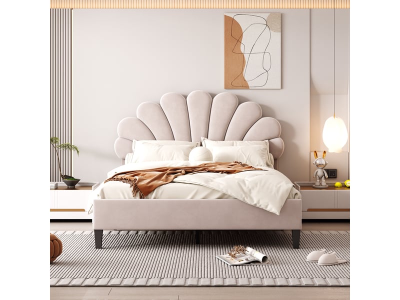  Lit double 140x200 cm - lit capitonné avec sommier à lattes et tête de lit, velours, confortable, beige, sans matelas  - Conforama D