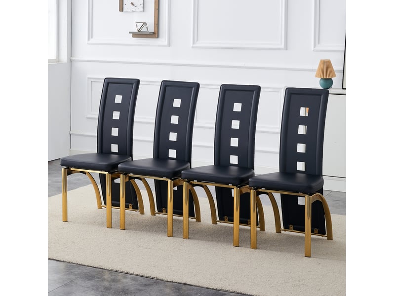  Lot de 4 chaises de salle à manger noires et dorées en cuir régénéré, dossier ajouré et pieds métal  - Conforama B