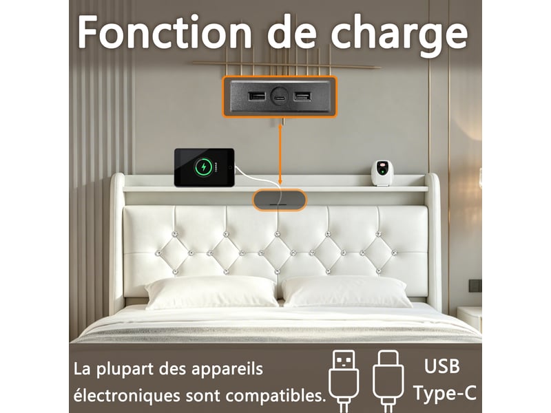  Lit 140x200 cm blanc avec 4 tiroirs rangement, led, ports usb+type-c sans matelas EBD859F-WH - Conforama R