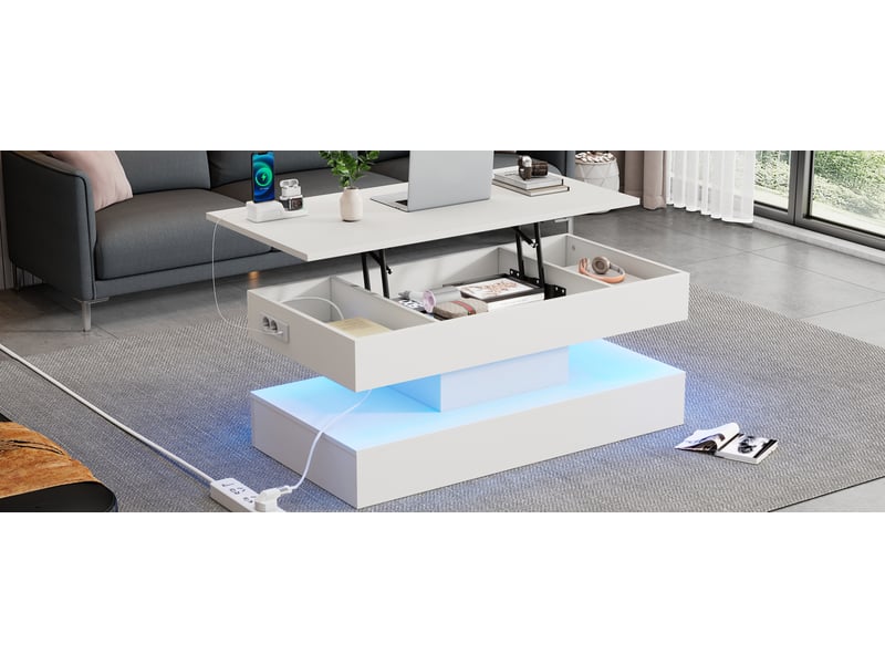  Table basse relevable avec led et rangement caché, table de salon blanche 100x50x42 cm, prises intégrées  - Conforama W