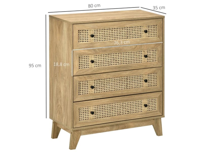  Commode 4 tiroirs meuble de rangement cannage en rotin aspect bois clair 80 x 35 x 95 cm  - Conforama C