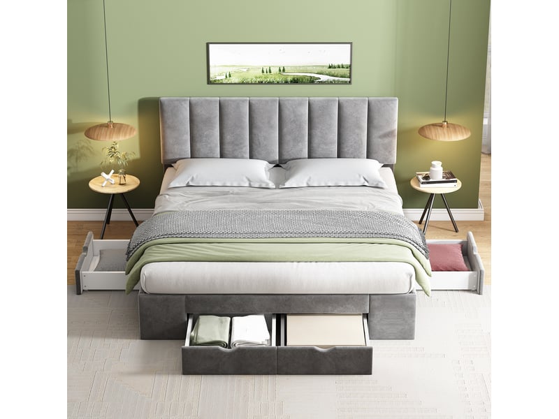  Modenvie lit capitonné 160x200 cm - 4 tiroirs, tête de lit réglable, sommier inclus - gris  - Conforama E