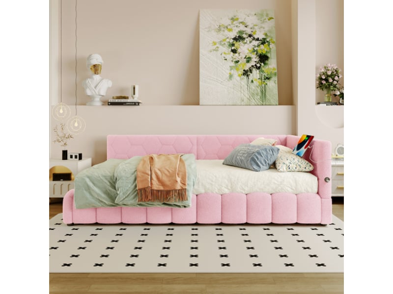  Canapé-lit 90x200 cm rose – cadre à lattes, sans matelas, led bande lumineuse, vérin hydraulique, usb-c, velours imité  - Conforama B