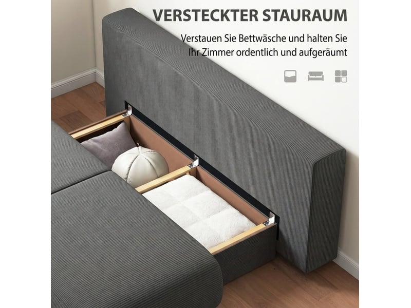 Canapé convertible 3 places avec dossier réglable, coffre de rangement et coussins en velours côtelé gris - Conforama E