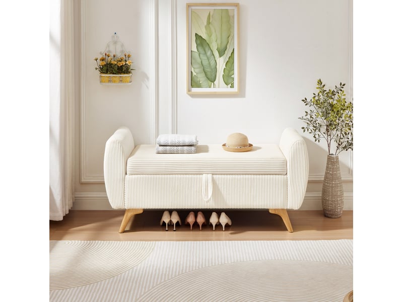  Banc de rangement pliable 145 x 51 x 57 cm en velours côtelé beige, avec pieds en bois  - Conforama D