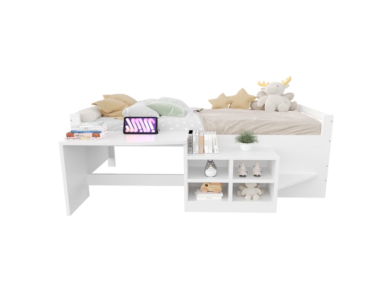  Lit simple en bois blanc, 90 × 200 cm, lit enfant avec espaces de rangement, bureau et prises aux normes européennes  - Conforama A