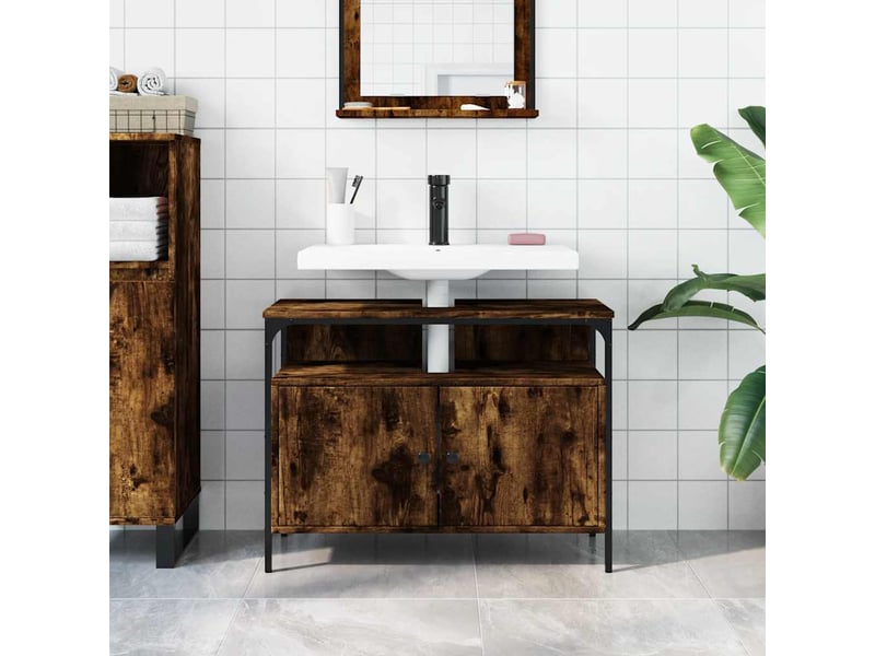  Armoire lavabo salle de bain, meuble de rangement chêne fumé 80x30x60 cm shl9656  - Conforama C