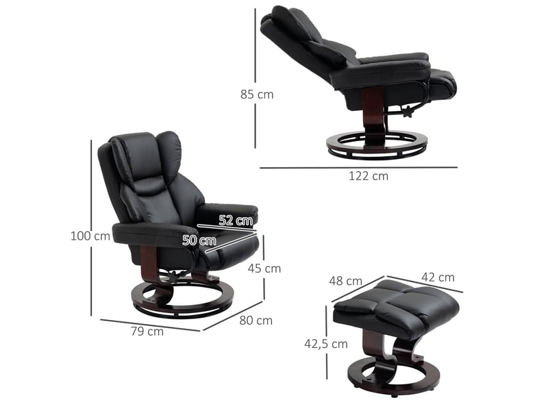  Fauteuil inclinable avec repose-pieds, fonction inclinable, pivotant, jusqu'à 160 kg, similicuir, structure en métal, noir, 80 x 79 x 100 cm  - Conforama E