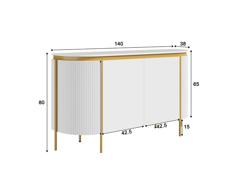  Buffet de salon 140x38x80 cm, pour cuisine et couloir, meuble bas ovale en mdf, avec 4 portes et pieds en métal, blanc  - Conforama E