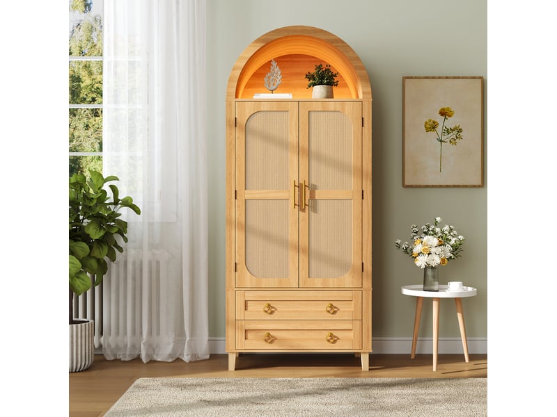  Buffet haut 76x40x179,5 cm avec niche ouverte en arc, éclairage led, 2 portes décor rotin et 2 tiroirs, mdf, naturel  - Conforama B