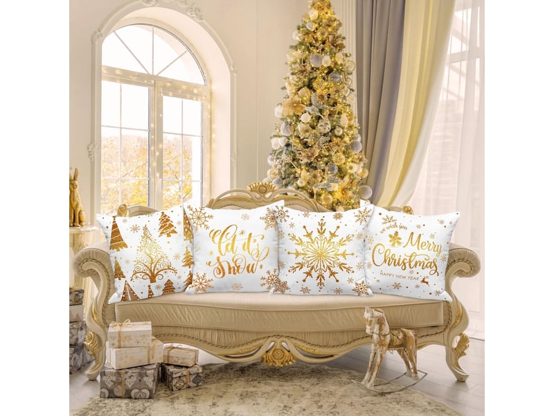  Lot de 4 housses de coussin de noël 45 x 45 cm, motif flocons de neige d'hiver, décoration de noël jaune  - Conforama D