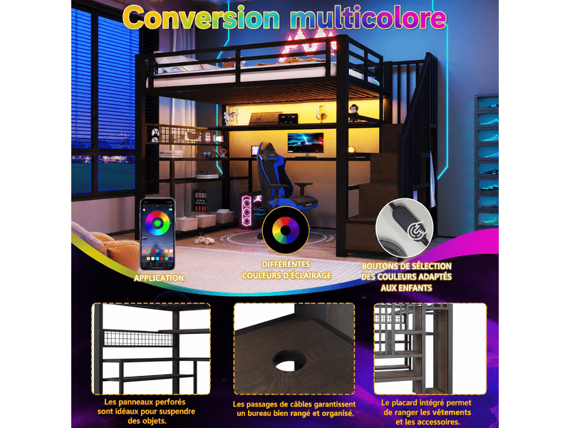  Lit mezzanine gaming avec bureau et armoire 140x200cm,led rgb,escalier et rangements,métal et mdf,noir  - Conforama E