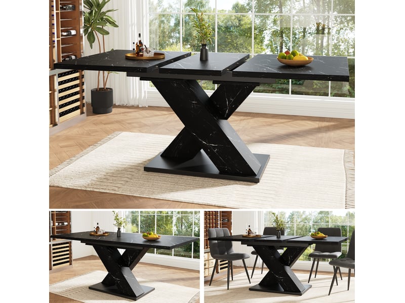 Table à manger extensible, 119-158,5x80x75 cm, effet marbre, design moderne, repas, salle à manger, mdf, coloris noir - Conforama D